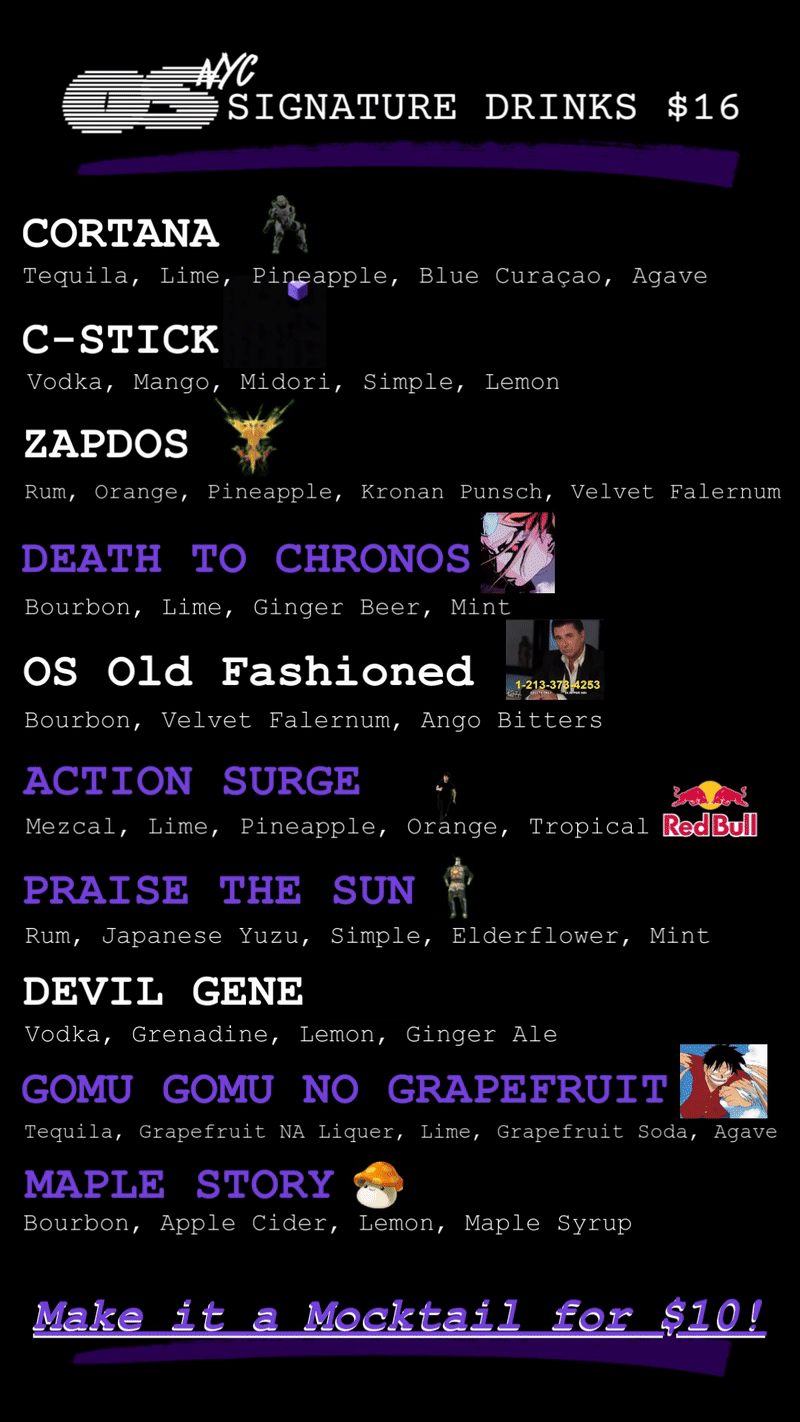 Menu of game inspired cocktails.