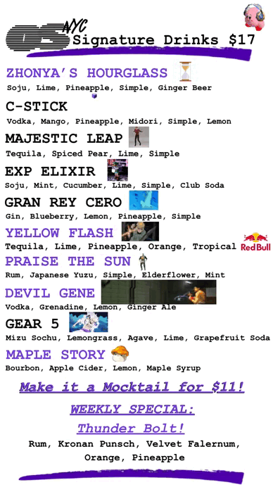 OS NYC Spring '25 Cocktail Menu - inspired by classic video game references.