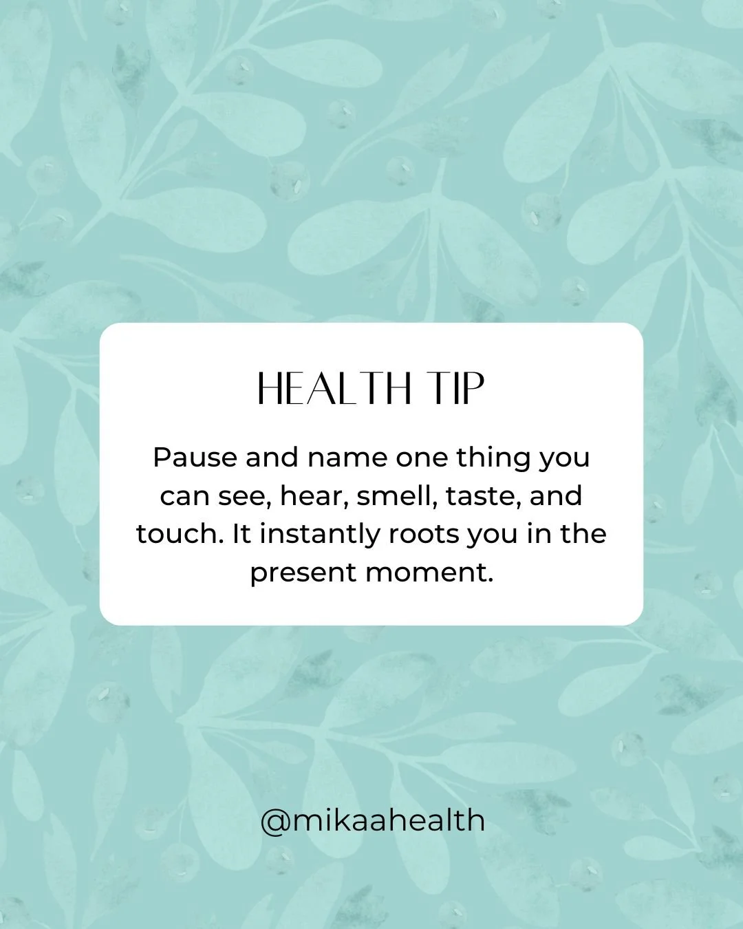𝐇𝐞𝐚𝐥𝐭𝐡 𝐓𝐢𝐩: 𝐅𝐢𝐯𝐞-𝐒𝐞𝐧𝐬𝐞𝐬 𝐂𝐡𝐞𝐜𝐤-𝐈𝐧!

It instantly roots you in the present moment.

 #MikaaHealth #HealthCoach #GriefSupport #HealthAfterLoss #NaturalHealth #CleanLiving #SimpleHealth #HealthyLifestyle #EmotionalEating #Femini