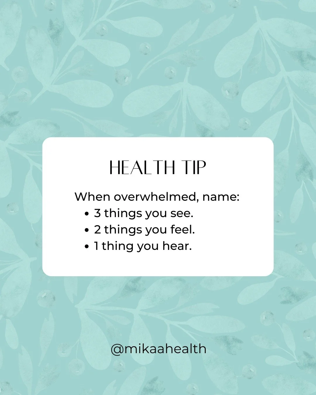 𝐇𝐞𝐚𝐥𝐭𝐡 𝐓𝐢𝐩: 𝟓. 𝐆𝐫𝐨𝐮𝐧𝐝 𝐓𝐡𝐫𝐨𝐮𝐠𝐡 𝐭𝐡𝐞 𝐒𝐞𝐧𝐬𝐞𝐬!
This grounding technique helps bring your nervous system back into safety.

Learn more at:
Link In Bio

 #MikaaHealth #HealthCoach #GriefSupport #HealthAfterLoss #NaturalHealth