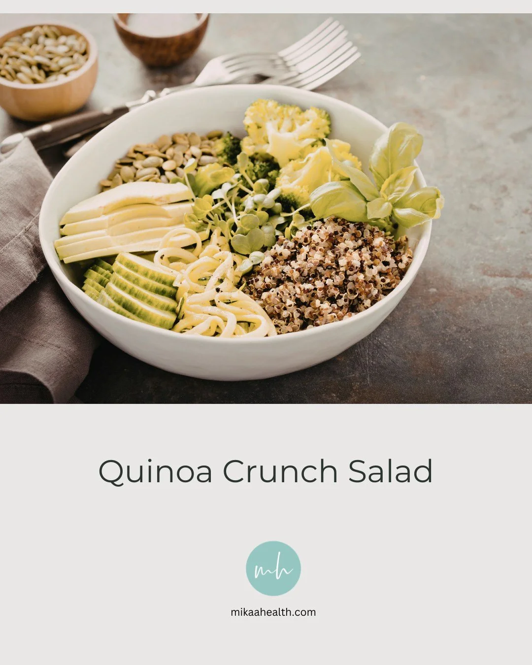 Sometimes your body just wants something light, fresh, and energizing.
This quinoa crunch salad supports both your mind and body with nutrients that help fight fatigue and inflammation.

Mix together:
&bull; Cooked quinoa.
&bull; Cucumber.
&bull; Che