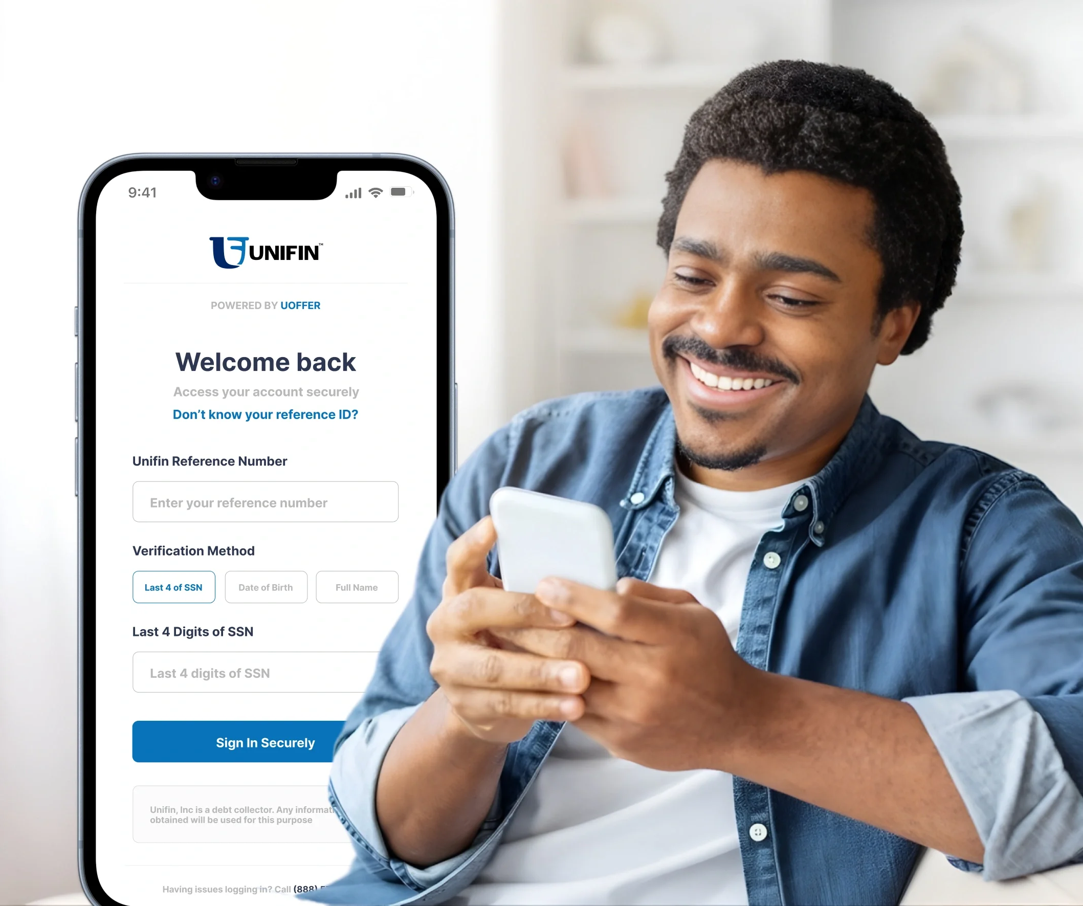 Person accessing their account through the uOffer login portal on a mobile phone, securely signing in to view Unifin account information, manage payments, and review account details online.