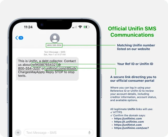 Example of a legitimate Unifin text message showing a verified unifininc.com link, reference ID, secure portal access, and required debt collection disclosures.