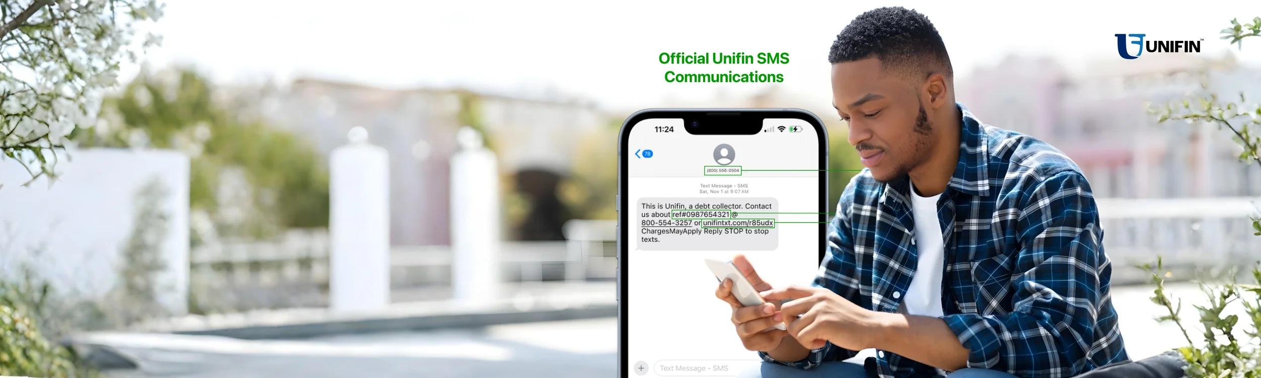 Person looking at an SMS notification similar to a verified Unifin communication while comparing it with red flags of a debt collection scam, distinguishing real messages from fake debt collectors.
