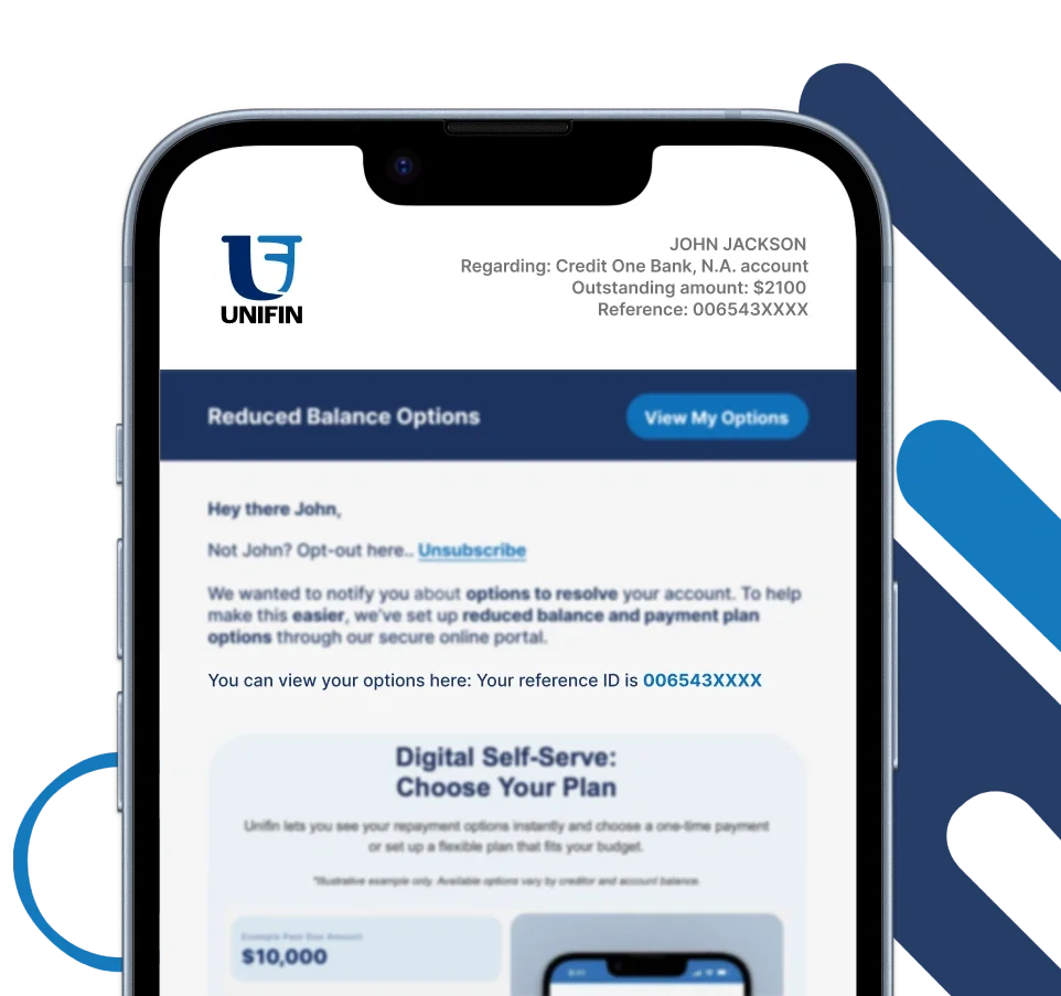 Example of a Unifin ID and Unifin reference number displayed in a Unifin email to help consumers match the communication with their account information