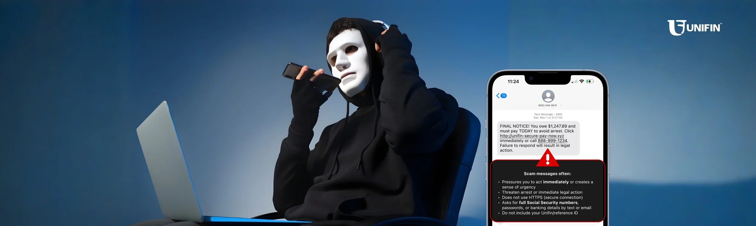 Unifin | Person acting suspicious while contacting consumers, representing a fake debt collector, using red‑flag tactics & threatening arrest. Phone displaying a sketchy text message with warning signs of a debt collection scam.