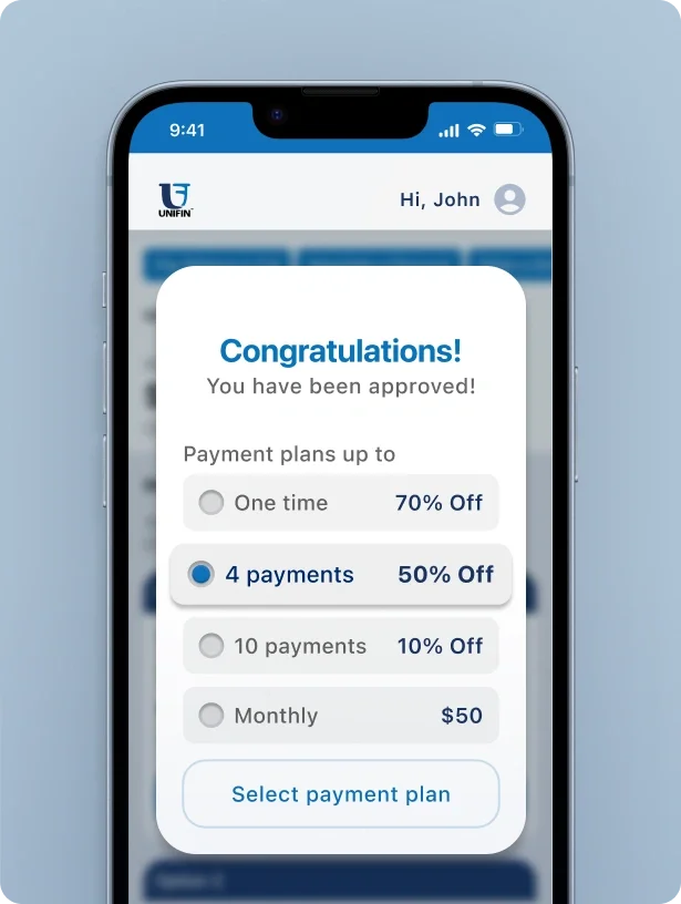 Mobile app screen showing approval message with payment plan options, including discounts for various payment schedules, with a 'Select payment plan' button.