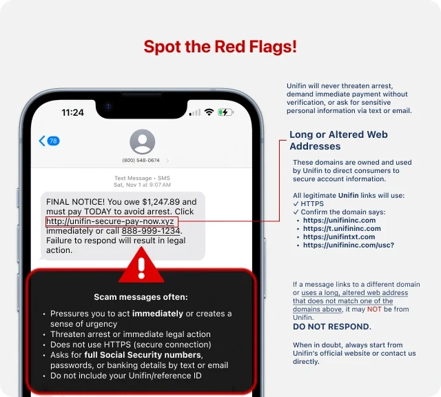 Red flags in debt collection messages, including fake Unifin texts, suspicious links, and scam tactics used by impersonators posing as debt collectors. Visual guide explaining how to verify Unifin debt collection communications.