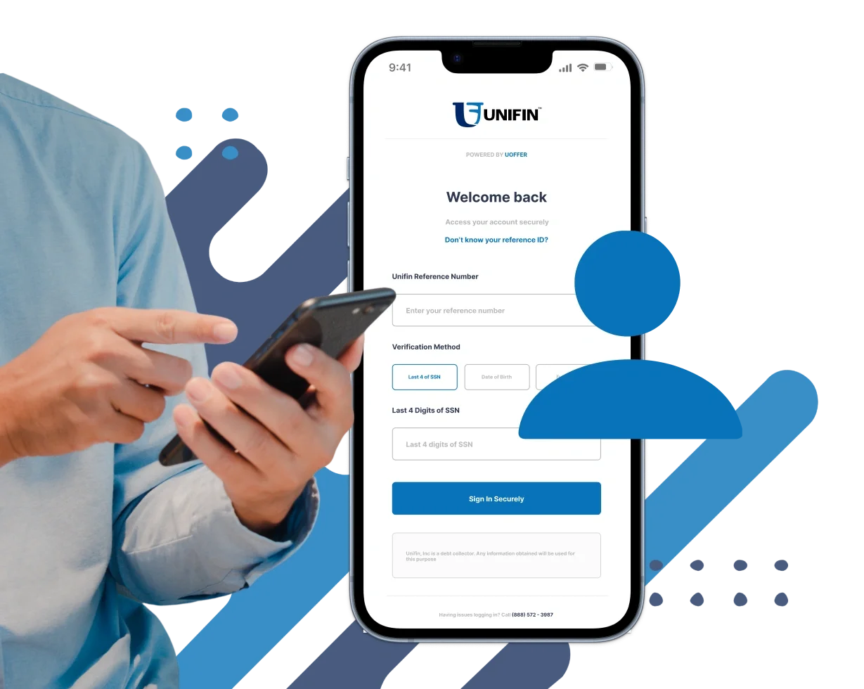 Consumer using the uOffer payment portal login to securely verify account information and confirm the legitimacy of a Unifin email