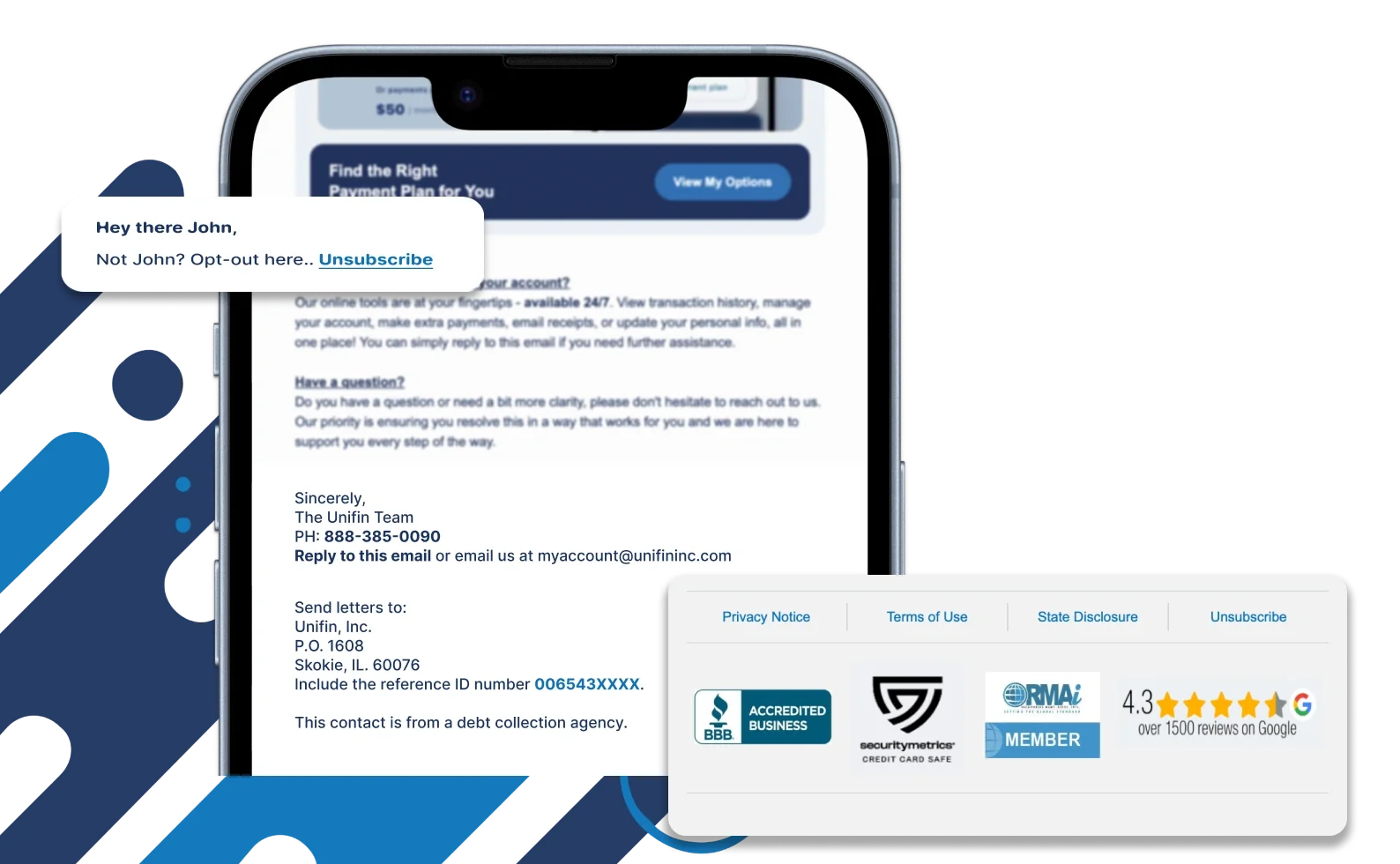 Legitimate Unifin email showing contact information, required disclosures, and an unsubscribe option commonly included in a digital debt collector email