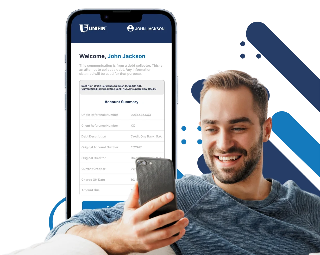 Consumer reviewing account information in the uOffer payment portal, including their Unifin ID, creditor information, Unifin reference number, and flexible uOffer payment options