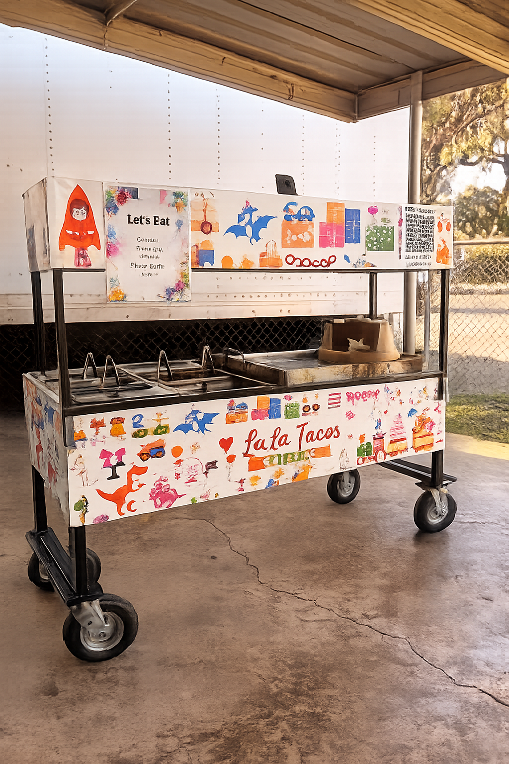 Custom dinosaur-themed birthday taco cart prepared for a private birthday celebration at Friendship Auditorium in Los Angeles, California. Fresh tacos are cooked on-site from this interactive taco catering station designed to match the party theme.