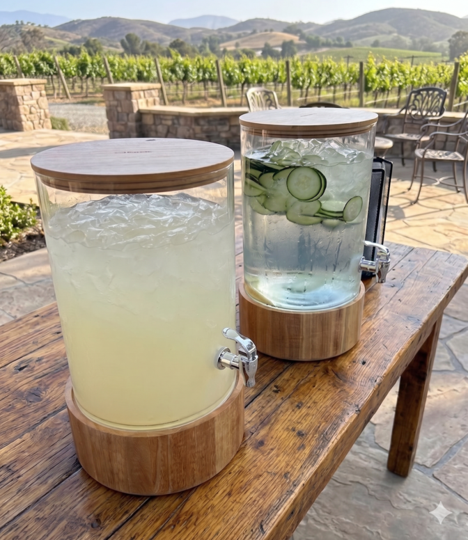 Artisan beverage station at a winery wedding featuring scratch-made lemonade and cucumber infused water in glass dispensers with bamboo lids