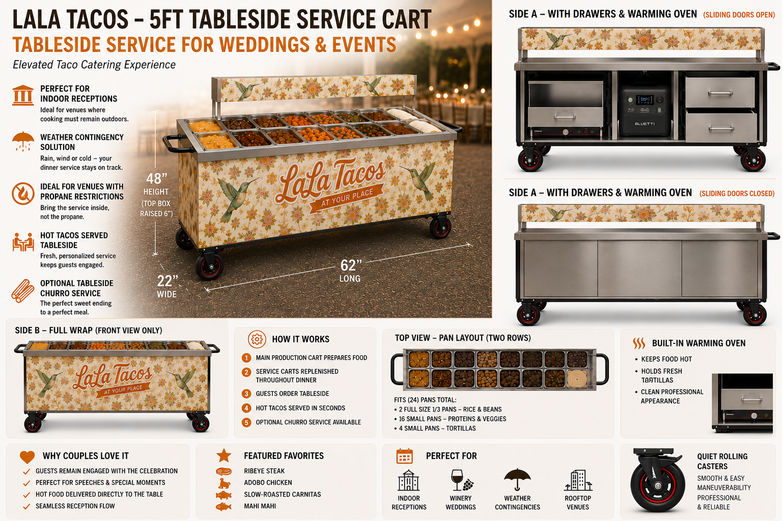 Custom Tableside Taco Catering service cart serving freshly prepared tacos at weddings, corporate events, winery receptions, banquet halls, and private partie