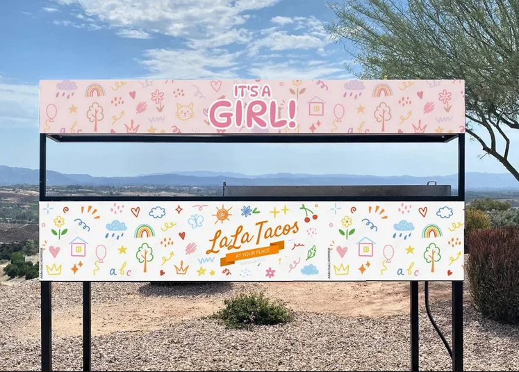 Custom It's a Girl taco cart designed for baby shower catering. This custom-wrapped taco cart is a popular choice for baby showers, gender reveal parties, backyard celebrations, and family gatherings throughout Southern California.