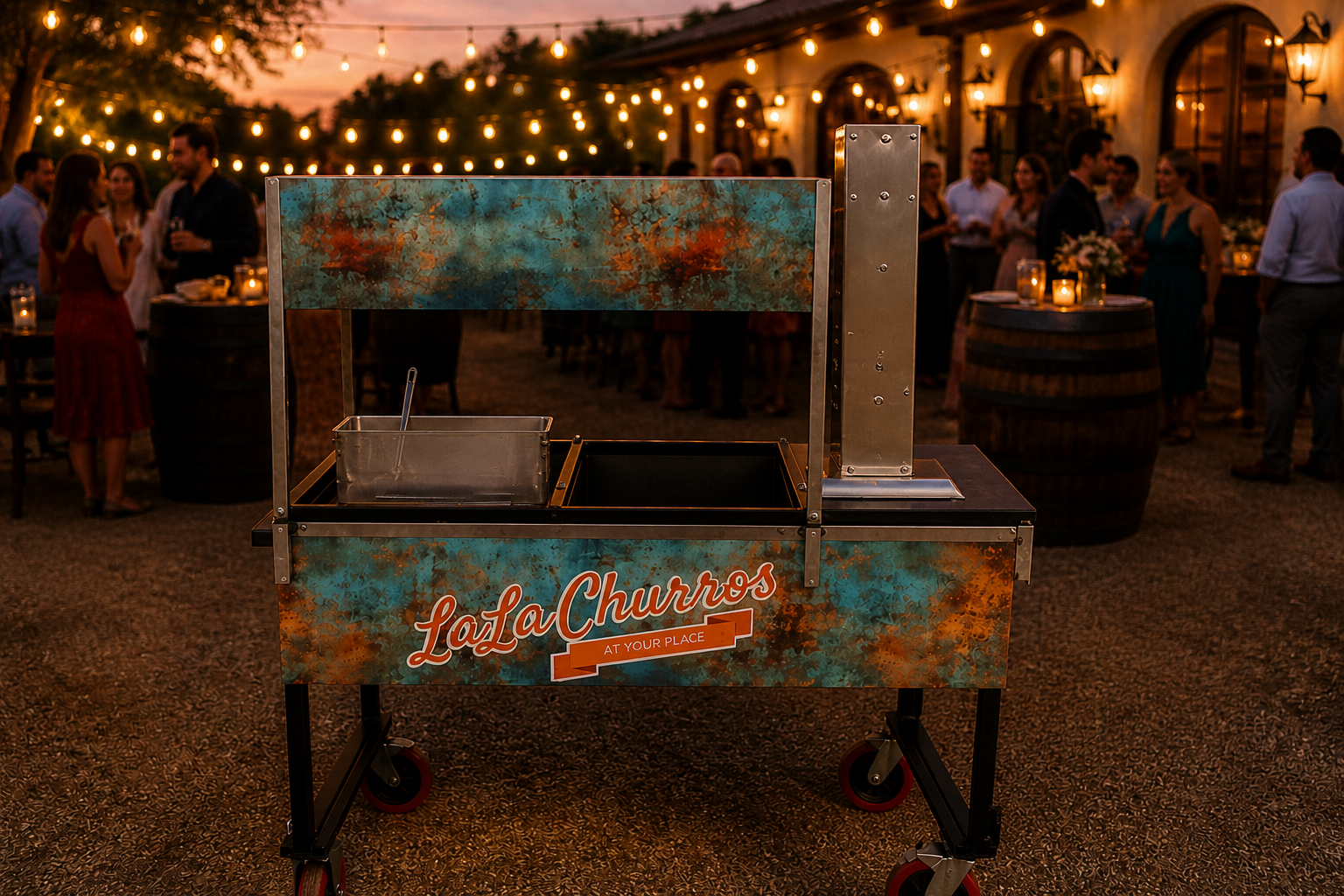 A boutique, manned churro station featuring the LaLa Churros cart with a rustic patina finish. Positioned at a wedding reception under string lights, the cart is ready for on-site service of fresh, Disney-recipe churros for guests.