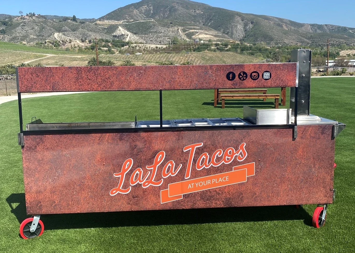 LaLa Tacos premium taco cart providing artisan taco catering at a Temecula Wine Country winery.  Caption: