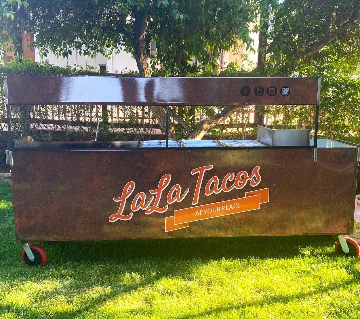 LaLa Tacos premium mobile taco cart set up at Secluded Garden in Pala for on-site taco catering at weddings, private parties, and special events.