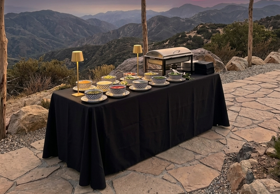 An elegant LaLa Tacos catering setup featuring a black linen table with artisan toppings and professional warming equipment against a breathtaking mountain sunset for a remote corporate retreat.