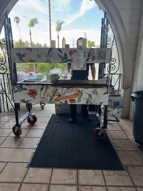 LaLa Tacos on-site taco cart catering at a wedding in Los Angeles, California on July 24, 2026, serving fresh tacos prepared to order.