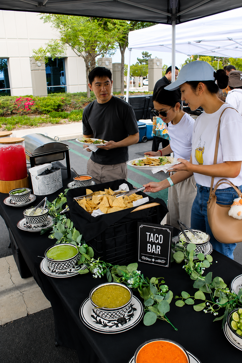 Guests enjoying the LaLa Tacos & Churros taco bar during a corporate event at Rivian.