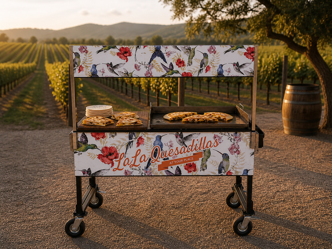 Interactive manned food stations and custom taco carts for upscale wedding receptions.