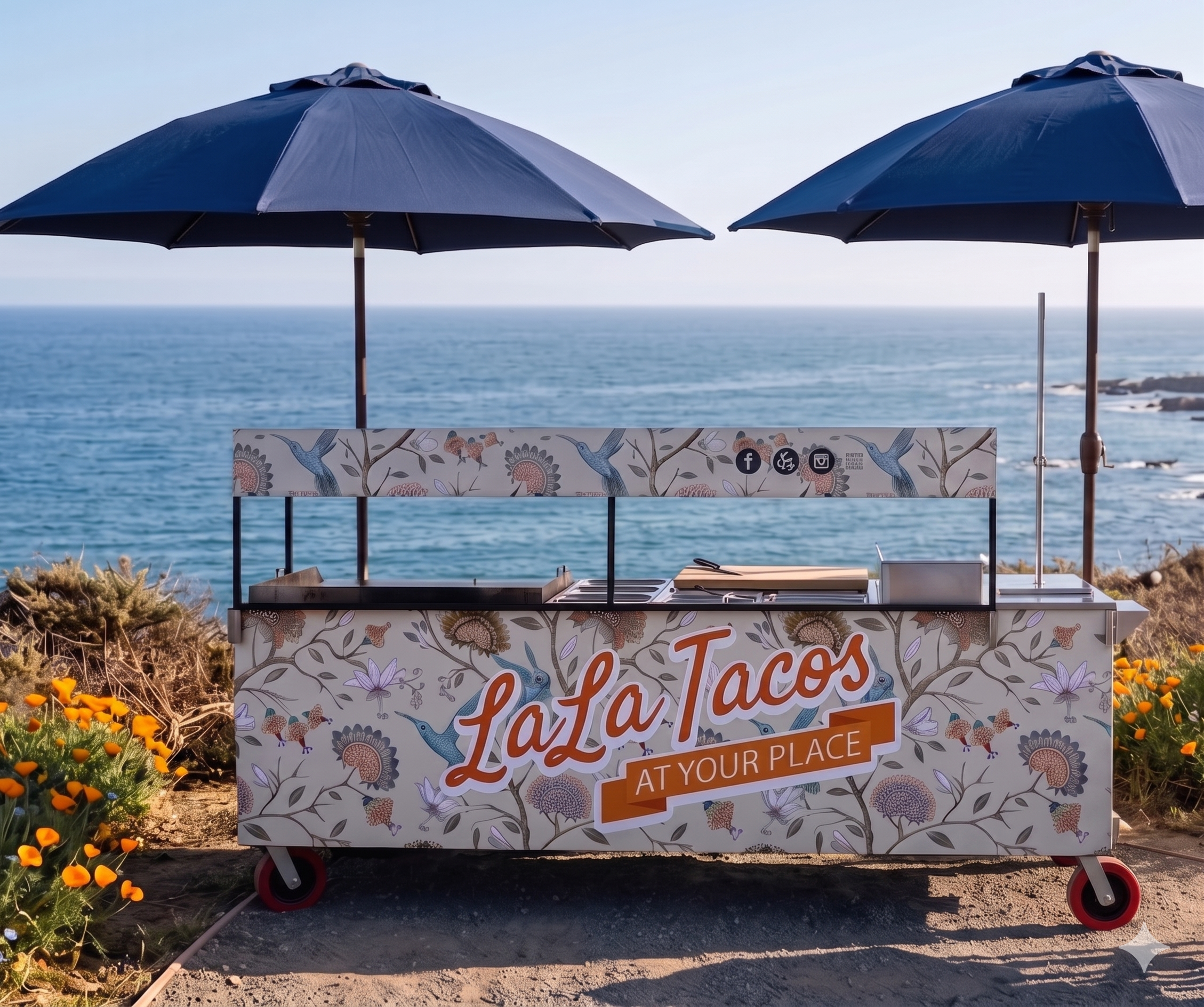 A custom boutique mobile taco cart featuring hummingbird and flower artwork with two black umbrellas, positioned on a bluff overlooking the ocean for a coastal event.