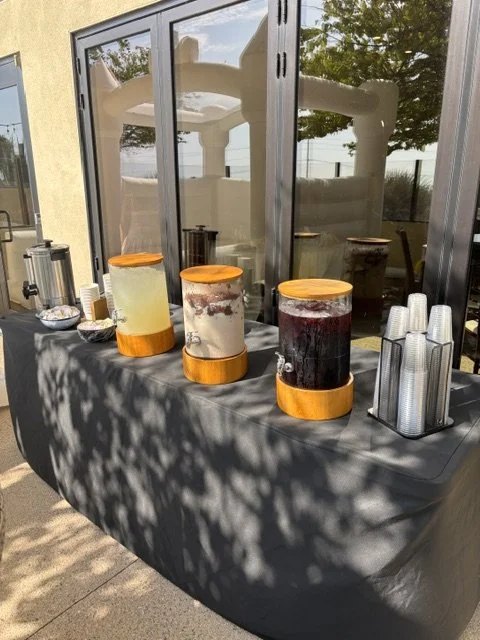Made-from-scratch agua fresca station and coffee service at a Camp Pendleton retirement party, prepared in LaLa Tacos' A+ rated commercial kitchen.