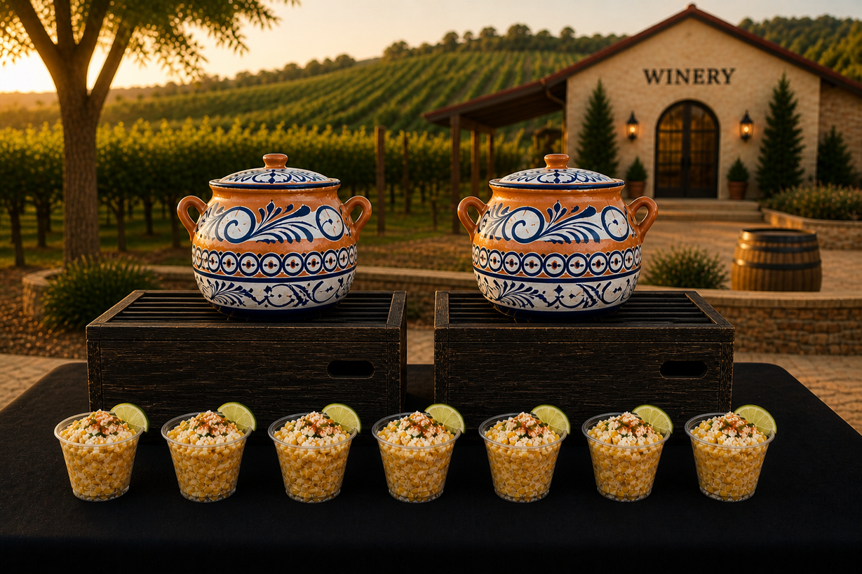 Manned artisan elote bar featuring fresh ingredients for interactive wedding catering.