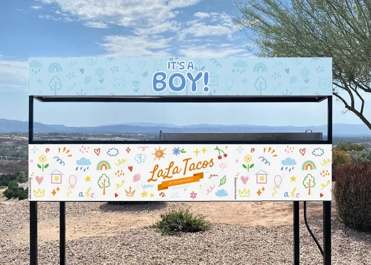 Custom It's a Boy taco cart designed for baby shower catering. This custom-wrapped taco cart is a popular choice for baby showers, gender reveal parties, and family celebrations throughout Southern California.