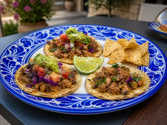Artisan fire-grilled chicken tacos served on a blue Talavera platter with fresh chunky guacamole pico de gallo and tortilla chips for wedding catering