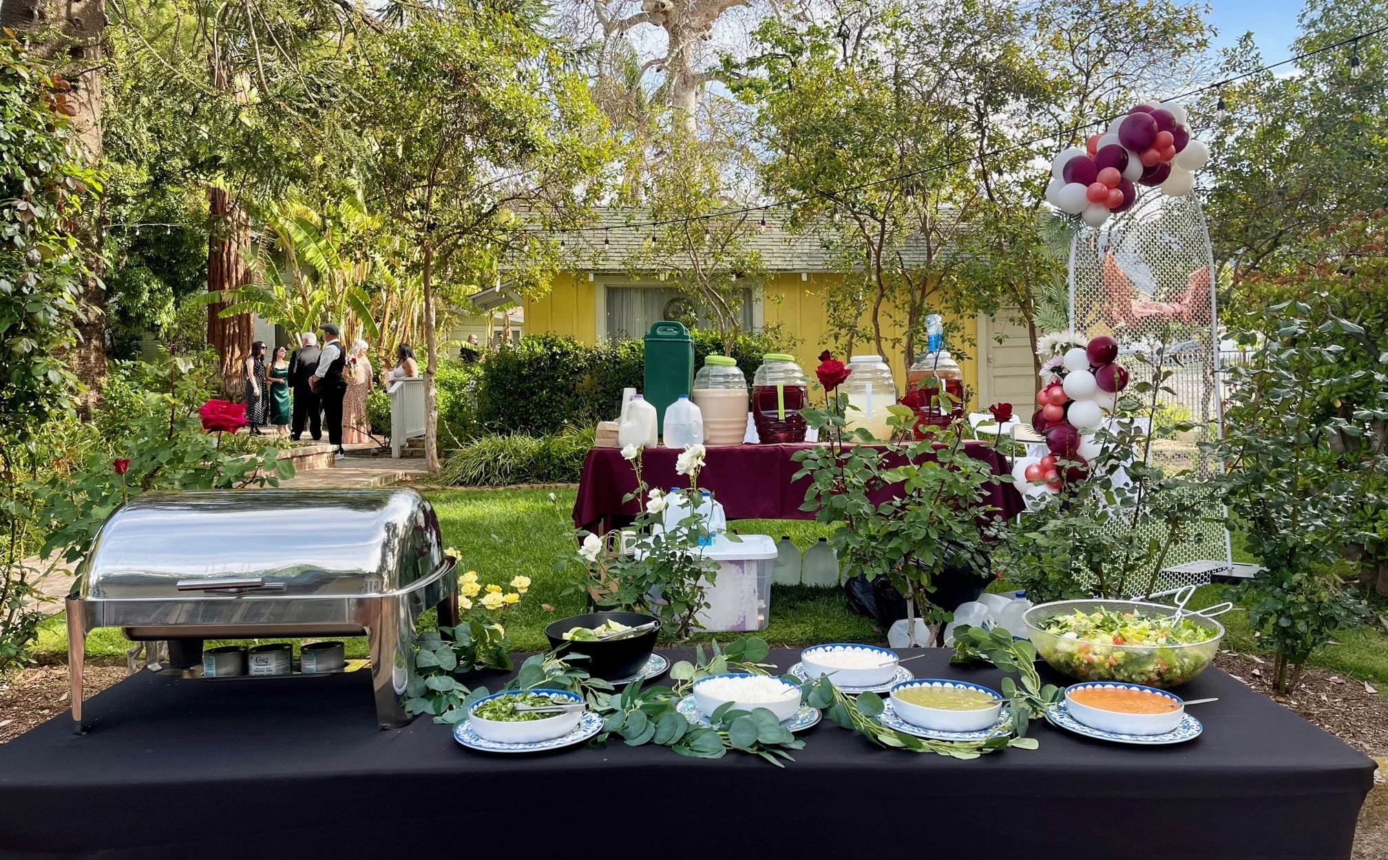 Private home taco catering setup with fresh salsa bar and taco bar service for backyard parties and special events in San Diego County.