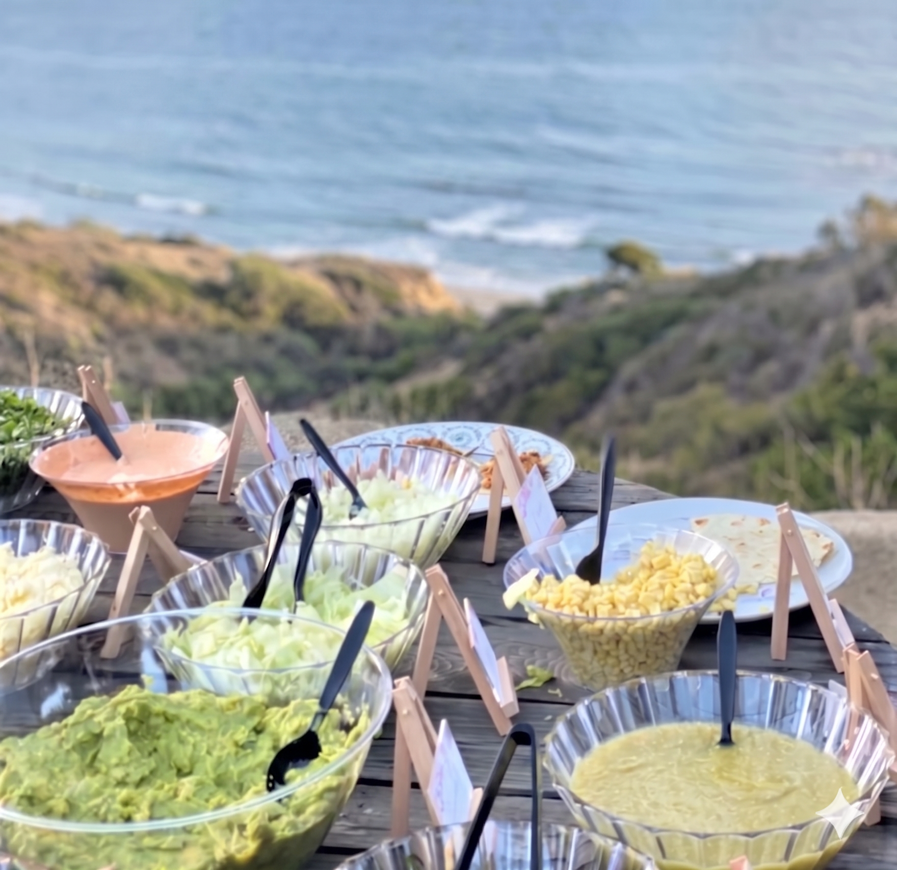 Oceanfront taco catering setup in La Jolla for a beach wedding, birthday, or backyard party, featuring fresh salsas and guacamole on a scenic bluff.