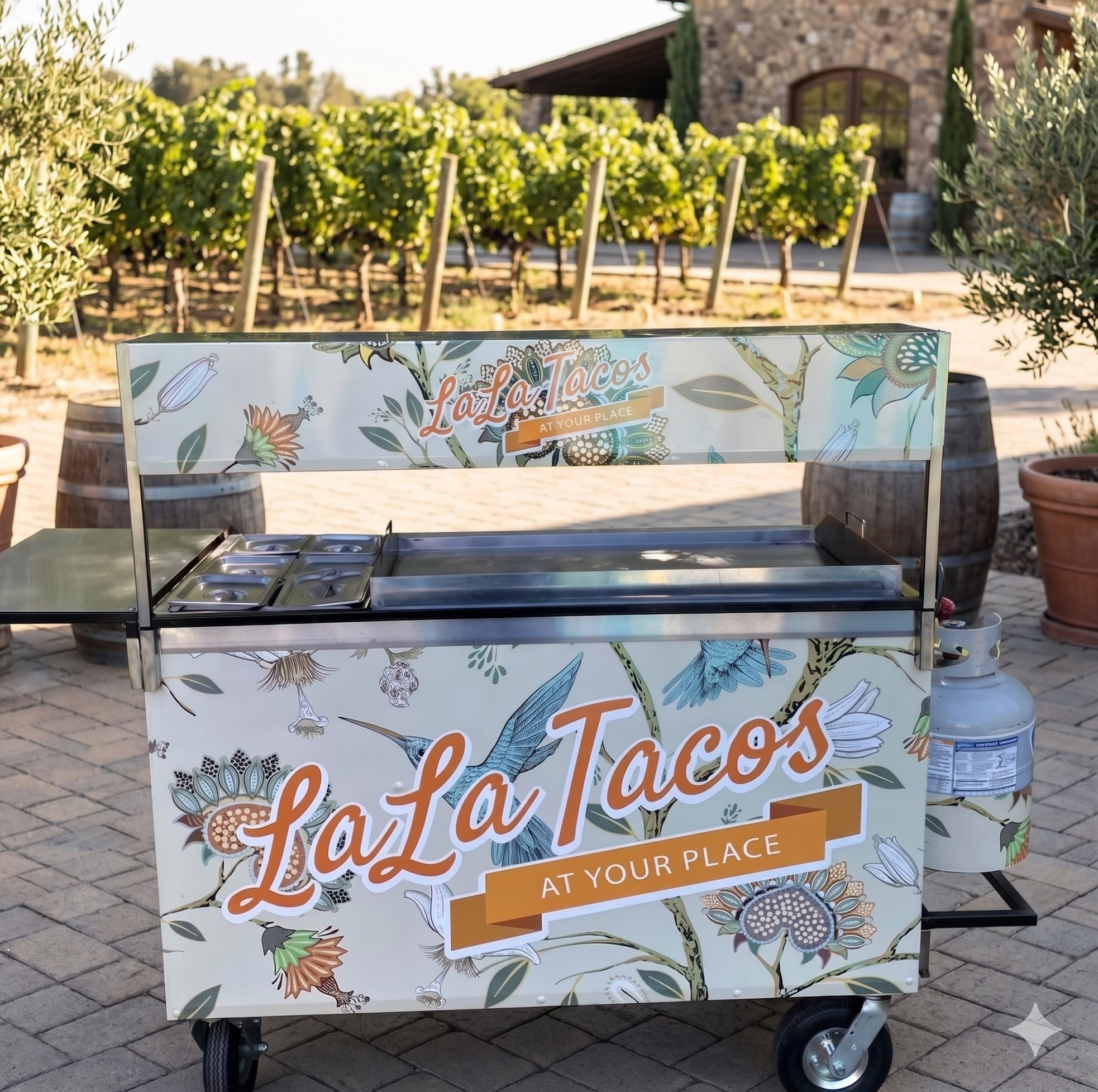Custom LaLa Tacos catering cart with grapevines in the background at a Temecula Wine Country winery, providing elevated on-site taco catering.