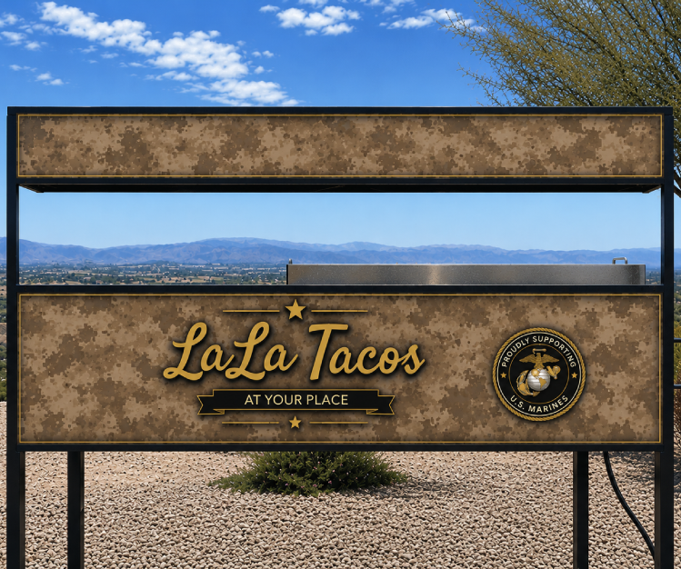 Custom Marine Corps-themed taco cart designed for Camp Pendleton catering, military retirements, promotion ceremonies, unit functions, and Marine Corps family events throughout Southern California.