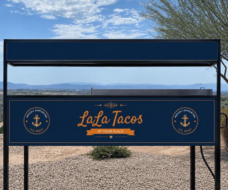 Custom Navy-themed taco cart designed for Camp Pendleton catering, military retirements, promotion ceremonies, command functions, and military family events throughout Southern California.