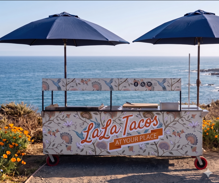 Custom Hummingbird taco cart for wedding taco catering. This floral-themed custom-wrapped taco cart is a popular choice for winery weddings, garden ceremonies, private estate celebrations, and country club receptions.