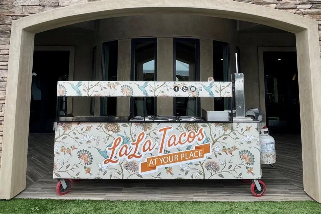 Professional on-site taco catering cart for LaLa Tacos, an Authorized Camp Pendleton Caterer (Contract #PNM26-H-0005), serving premium wedding and corporate events in San Diego and Orange County