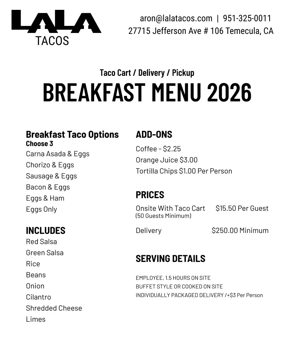 Breakfast Taco Menu