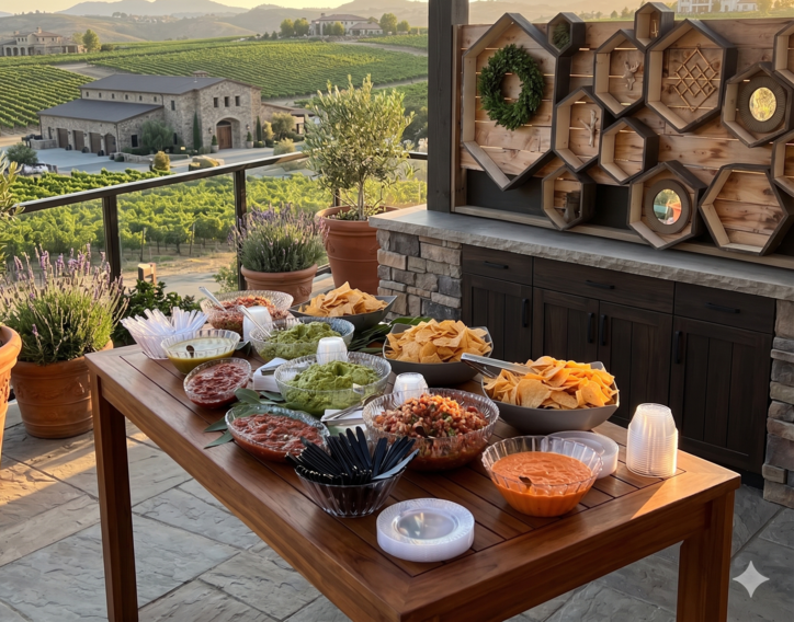 Ultimate salsa bar and appetizer station overlooking a Southern California winery featuring fresh guacamole, pico de gallo, homemade salsas, tortilla chips, and cocktail hour catering by LaLa Tacos.
