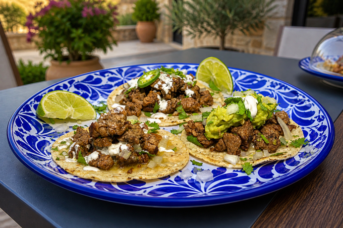 Premium carne asada steak tacos flash-seared in Wagyu beef tallow served on a blue Talavera platter with fresh guacamole and lime for artisan catering