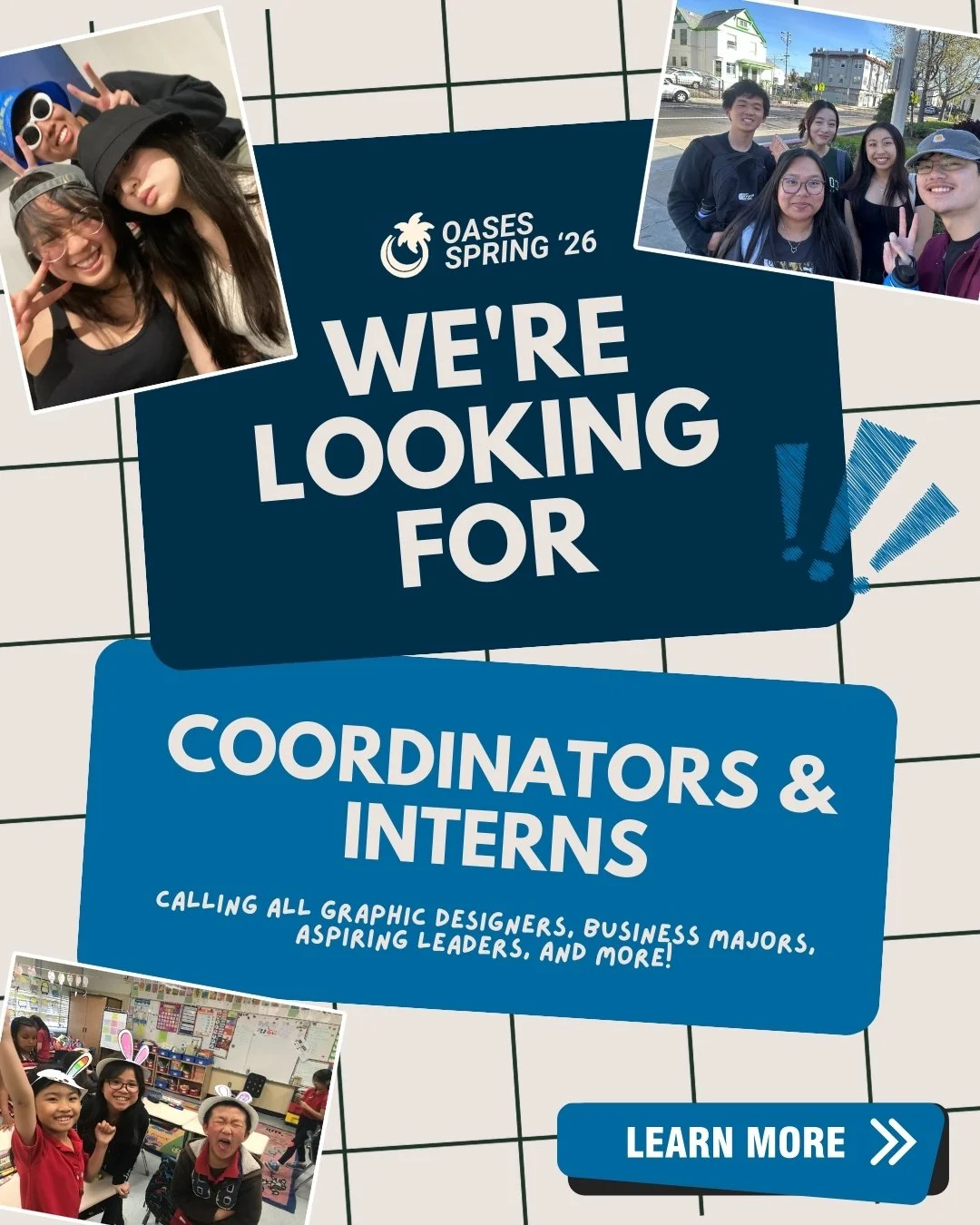OASES Spring &lsquo;26 apps are officially OPEN! 🌱
We&rsquo;re searching for Coordinators and Committee Interns to help lead, create, and support our mission of empowering Oakland youth.
Whether you&rsquo;re into graphic design, social events, tech,