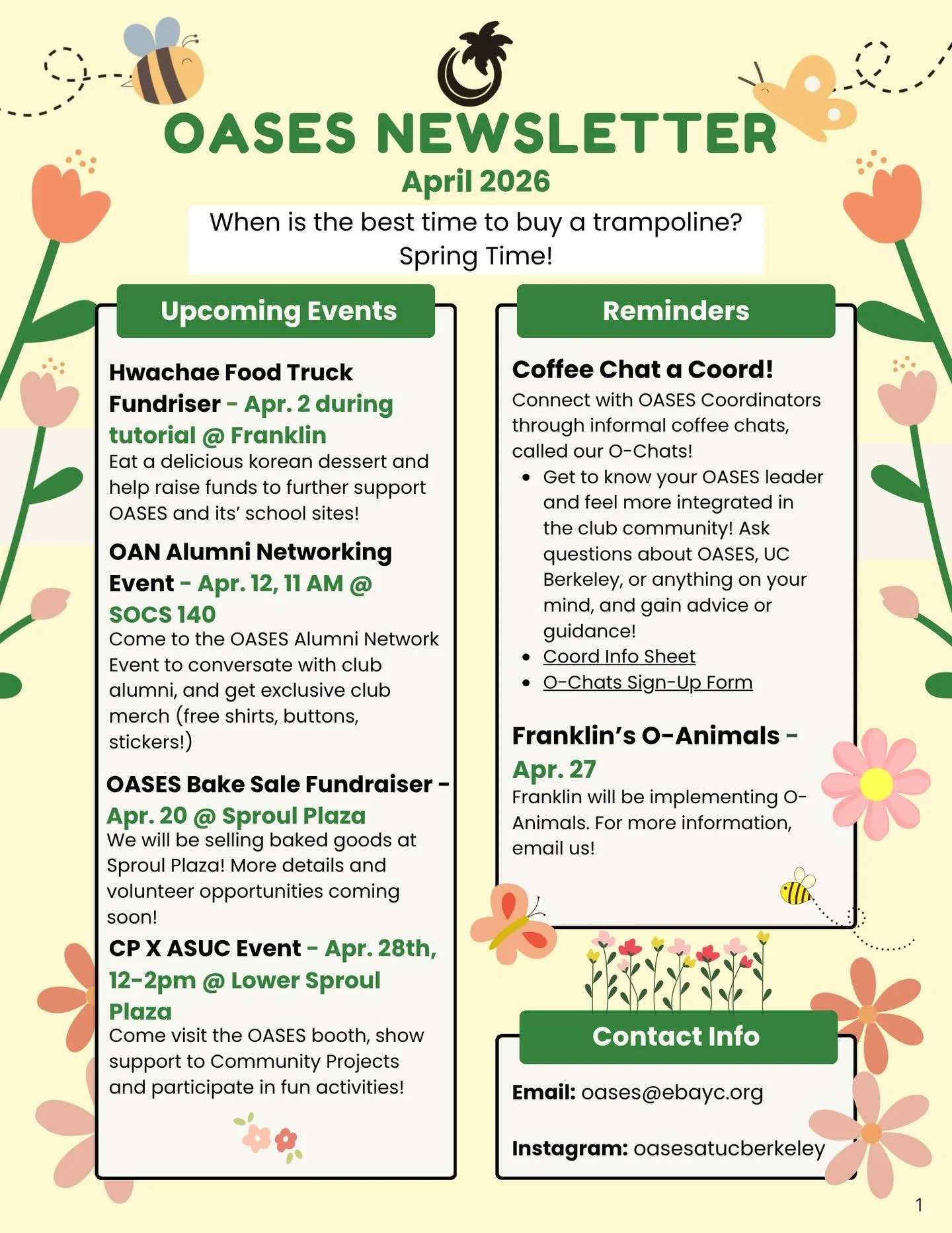 Our April newsletter is finally here☀️! This month is packed with new updates, events, and socials for everyone to join us. We have yummy treats to serve out and plently of opportunities to catch OASES on campus. Come check it out this month❗️