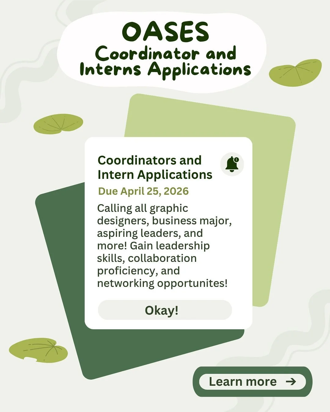 OASES Spring &lsquo;26 applications are open! 🌱🪴

Further your leadership in OASES by becoming an officer or intern. Help lead, create, and support our mission of empowering Oakland youth. 📚✏️

Gain experience in graphic design, social events, tec