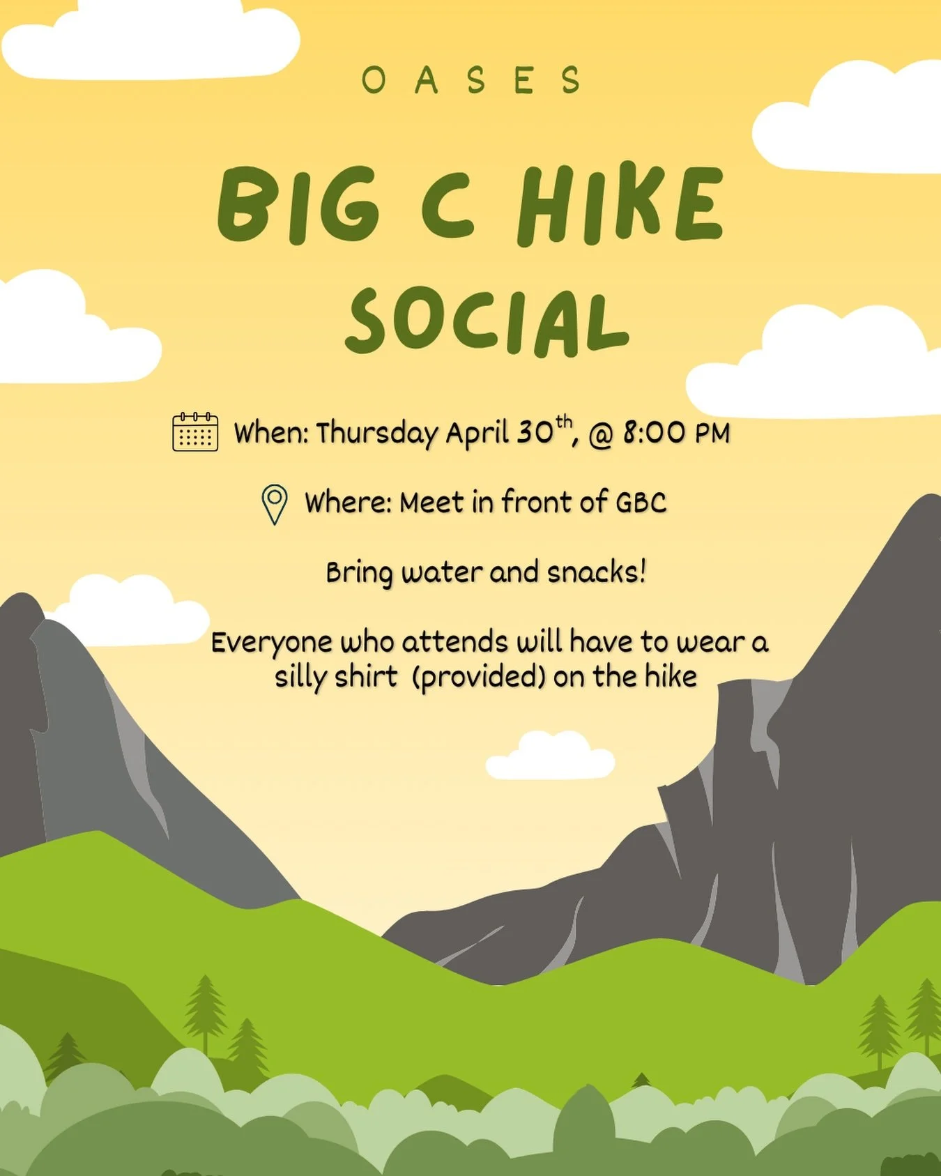HEY OASES! 🌞✨Our April social is just around the corner. Get ready to take on the BIG C Hike with us.🌿🌱🪴We hope you can join us and can&rsquo;t wait to se you there! ✨✨