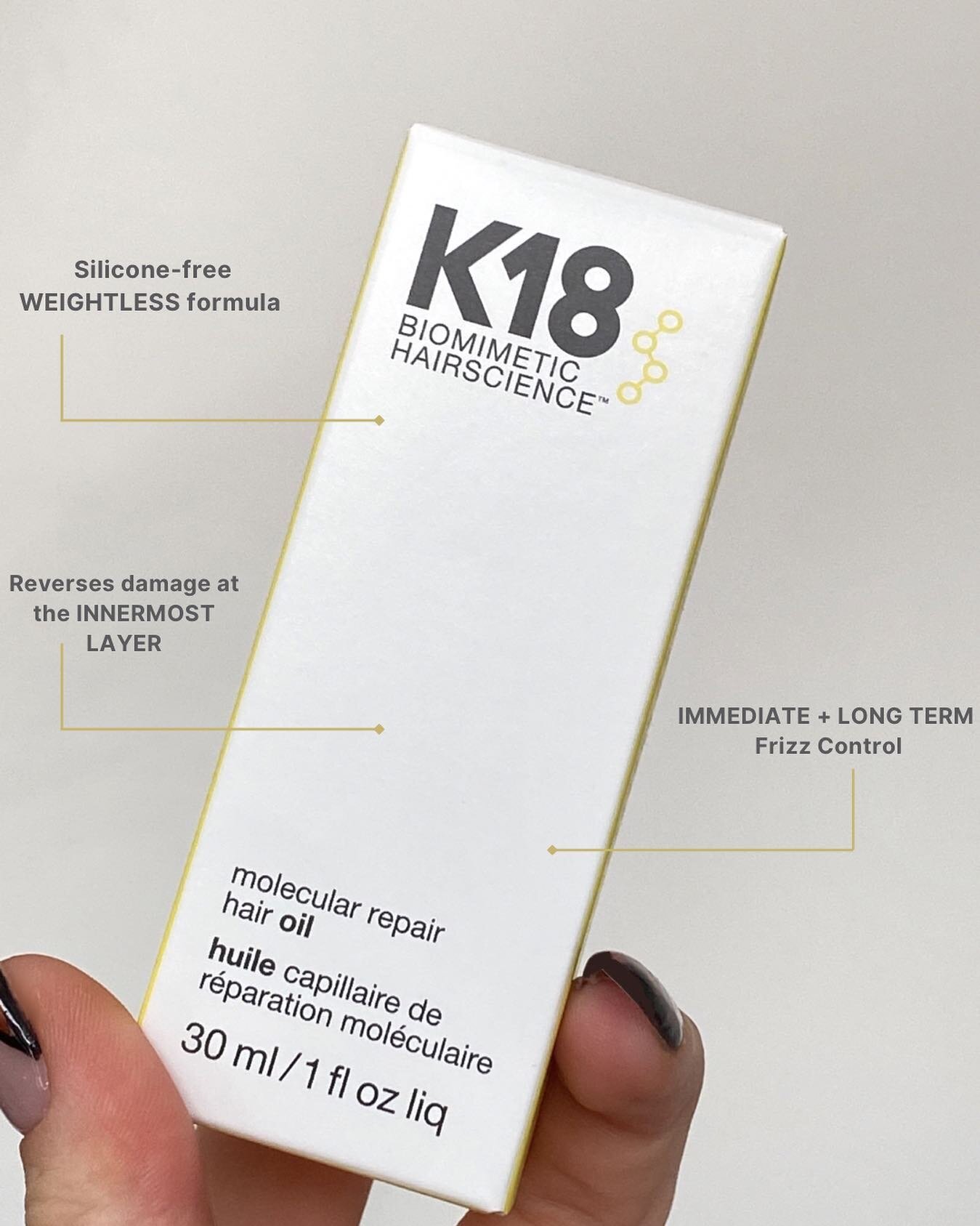 The @k18hair Molecular Repair Hair Oil has so many benefits 🤩 

This weightless, REPAIRING(!!!) hair oil is the perfect ending to your K18 hair treatment service 😍

Available in salon 🙋🏻&zwj;♀️
