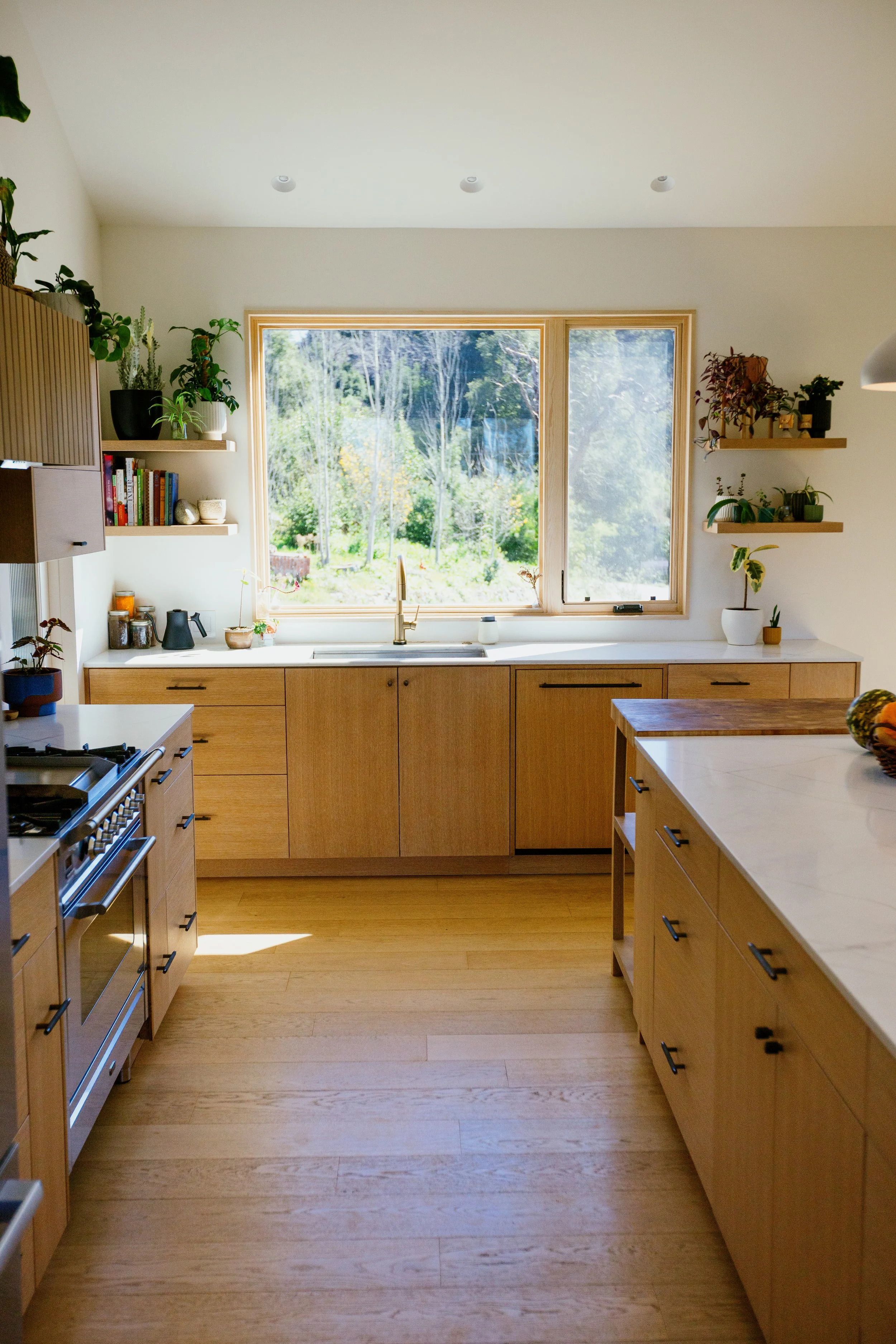 A bright kitchen with large window overlooking trees, wooden lower cabinets, and floating shelves with plants and books.