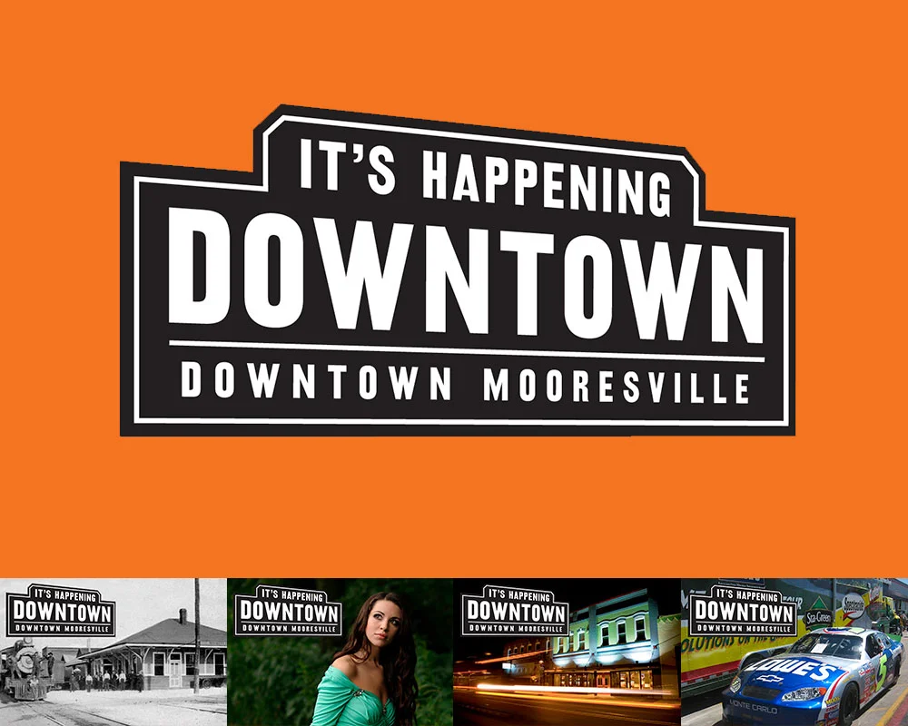 FINAL: The first thing we did was define Downtown Mooresville as, well, Downtown Mooresville. The final logo could easily represent Downtown’s railroad past, but also make sense with shops you’d find there (fashion, restaurants, bars, hairstylists, hardware, etc.), and event that would be held there. It had to play nice with everything you threw at it.