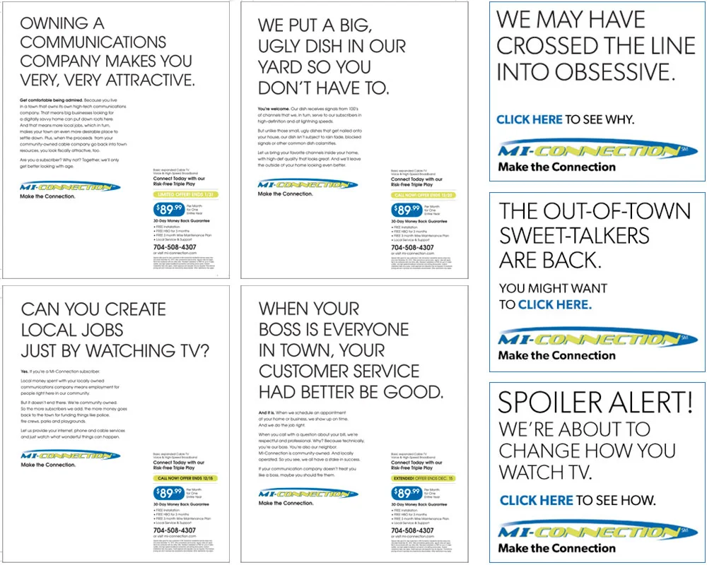 FINAL: Some more print and some online that was really fun to write. SUPER click-baity and led you to a landing page that would clear things up pretty quick (and encourage a phone call to MI-Connection).