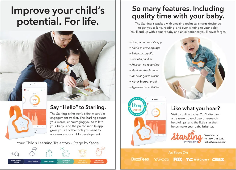 FINAL: One of the first things I made at Versame – a 6”x9” two-sided handout for parents touting the Starling’s benefits.